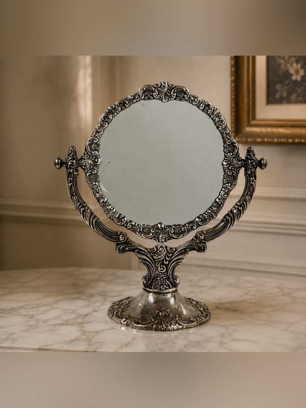Vintage Wallace Baroque Silverplate Vanity Mirror Tilting Ornate Pedestal
